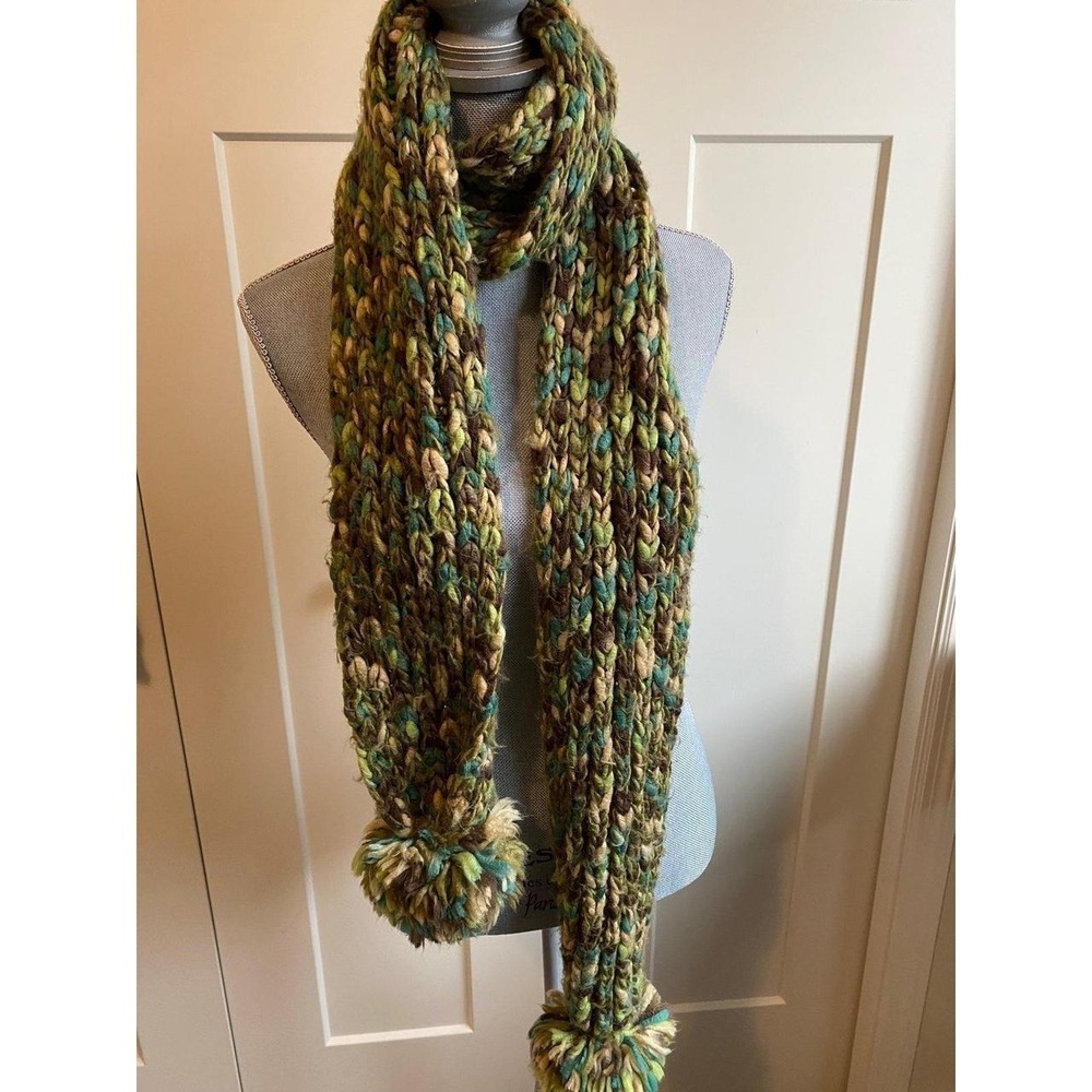 Scarf Fossil Pompom Soft Knit Green Cream